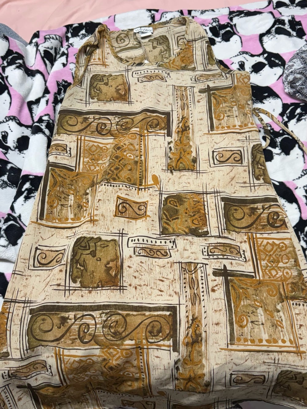Sleeveless Beige Casual Dress with Mustard & Olive Geometric Print